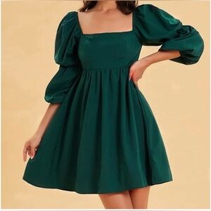 EXLURA Square Neck Dress Long Puff Sleeve A-Line Short Mini Dress Dark Green S
